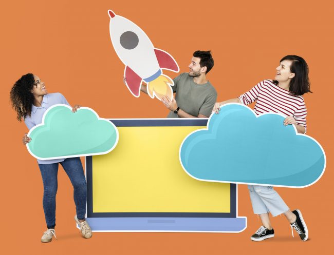 Cloud storage and innovation concept shoot featuring a rocket icon