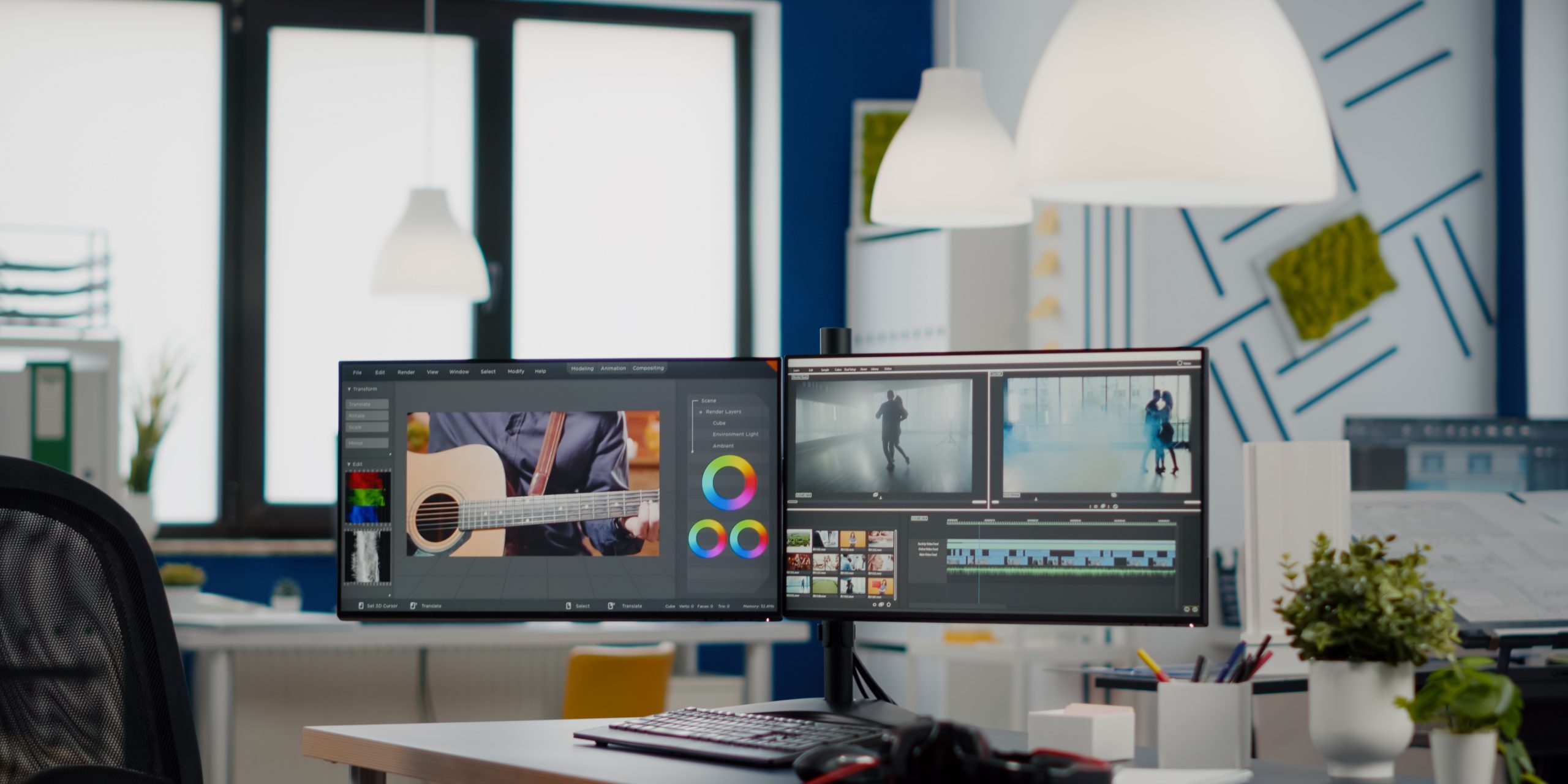 Empty modern creative agency office with dual monitors setup